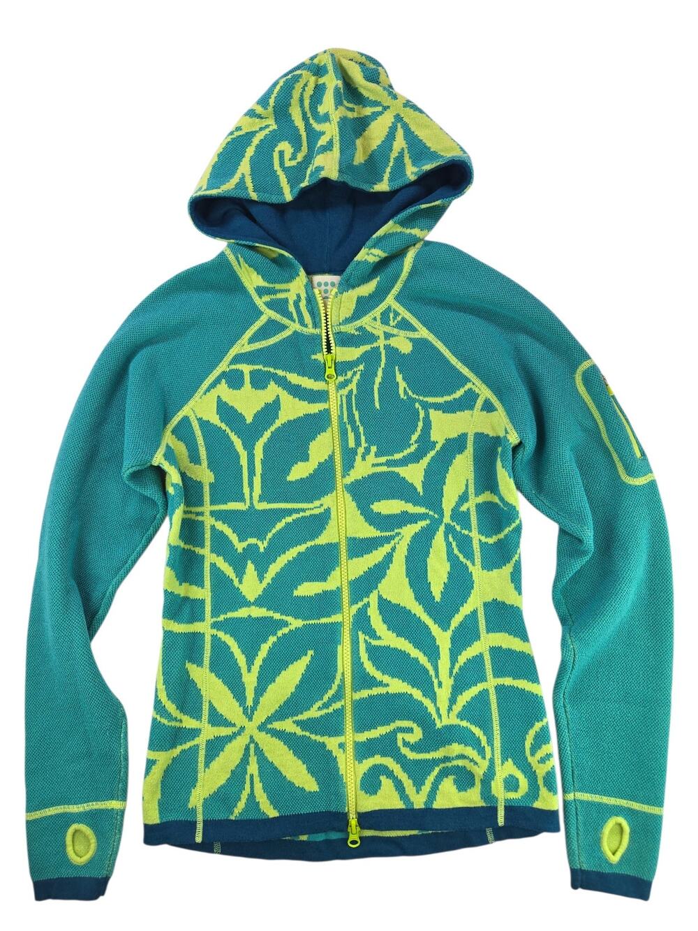 Title Nine | Aqua & Yellow Flower Hooded Double Zip Sweater | Size Small